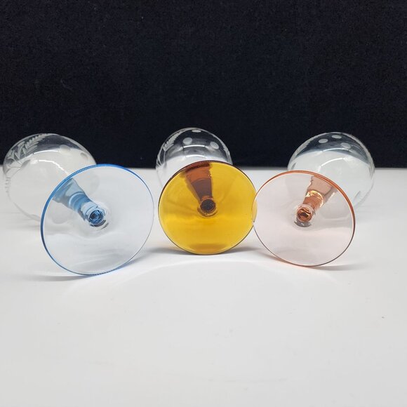 Set Of 3 Vintage Etched Glass Goblets With Pink Amber & Blue Stems Floral Design - Picture 7 of 7